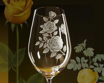 Hand Engraved Roses Flowers and Butterfly Wine glass, Botanical Glass Art, Personalized Luxurious Crystal Glass, Custom Unique Gift for Her