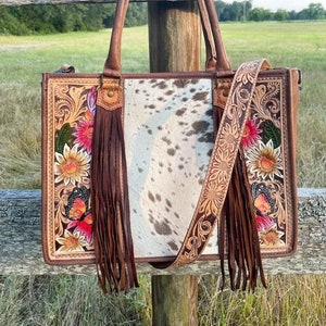 Western Purse, Hand Tooled Leather Purse, Hair On Hide Purse, Cowhide Purse, Western Crossbody Purse, Bolsa