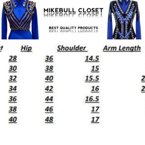 May include: A royal blue equestrian show jacket with intricate gold and silver embellishments. The image also includes a size chart with measurements for bust, waist, hip, shoulder, arm length, and length in inches.