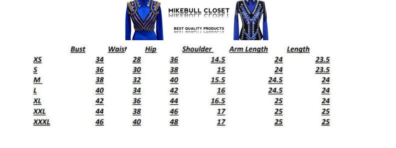 May include: A royal blue equestrian show jacket with intricate gold and silver embellishments. The image also includes a size chart with measurements for bust, waist, hip, shoulder, arm length, and length in inches.