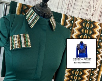 Groen en goudkleurig western wedstrijdshirt met bijpassend zeem, horsemanshipvest