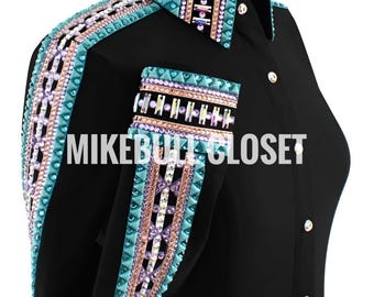 Zwart western wedstrijdshirt, rodeo Queen-jas, verfraaid horsemanship-vest