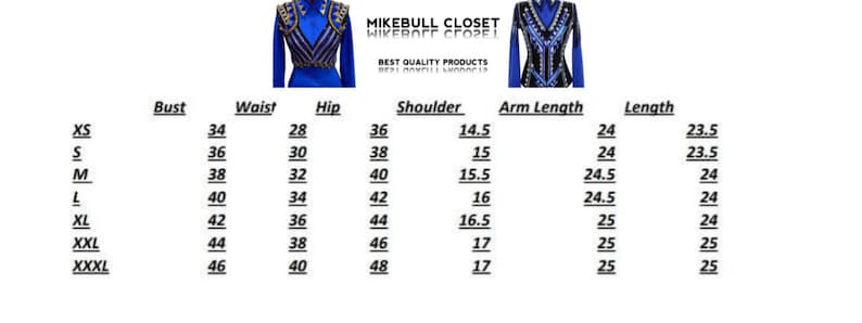 May include: Size chart for a blue and black show shirt with gold accents. The chart lists sizes XS through XXXL with corresponding measurements for bust, waist, hip, shoulder, arm length, and length in inches.