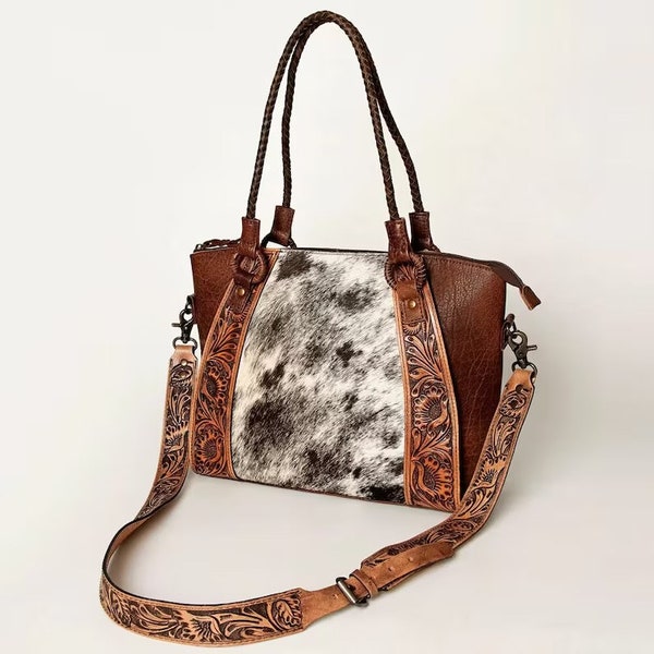 Western Purse, Cowhide Purse, Western Tote Bag, Hand Tooled Leather Purse, Genuine Cowhide Leather Purse, Concealed Carry Purse