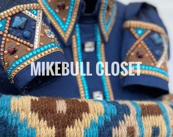 Blauw western wedstrijdshirt en dekje, strass paardrijhesje