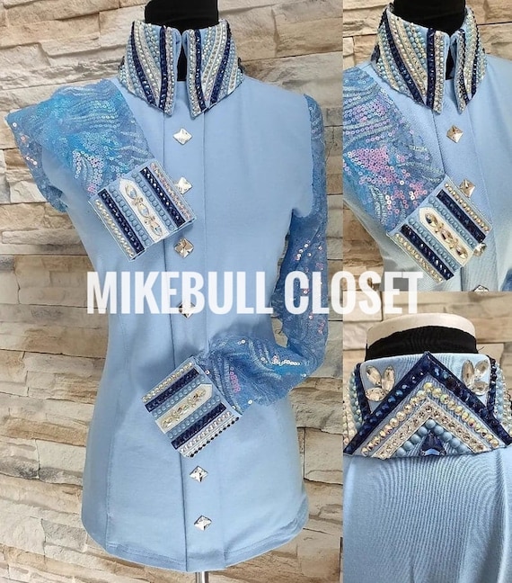 Blue Western Show Shirt, Sheer Sleeves, Rodeo Queen Jacket