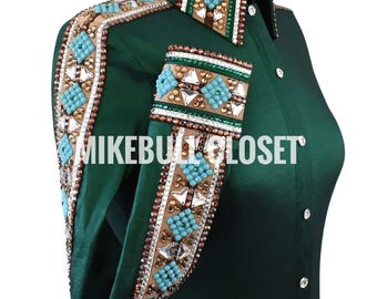 Green Embellished Western Show Shirt, Women's Horsemanship Vest