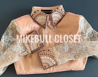 Beige Western Show Shirt, White Sheer Sleeves, Rodeo Queen Jacket