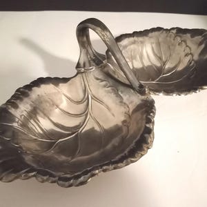 Vintage Silver double leaf shaped candy dish, vintage double leaf vanity accessory, vintage double leaf footed silver tray 10"L