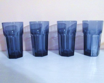 Vintage blue glass tumblers,Set of 4 juice,whiskey glasses,Libbey glasses /6 oz/