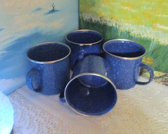 Vintage set of 4  Mismatched Blue and White Speckled Enamelware Mugs,12 oz Farmhouse Kitchen Morning Coffee Mugs