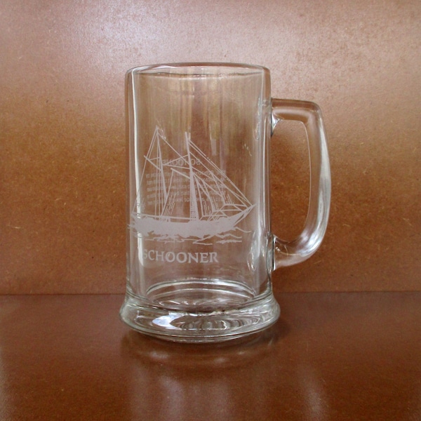 Vintage SCHOONER Ship Clear Glass Mug,5.25"H,Stein Etched Nautical Beer Mug 14 oz