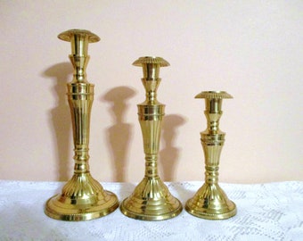 Vintage Three 3 Brass Candlesticks,Solid Brass Candle Holders,Graduated Candlesticks,Elegant Wedding- Altar-candleholder 10.5",9",7" T/