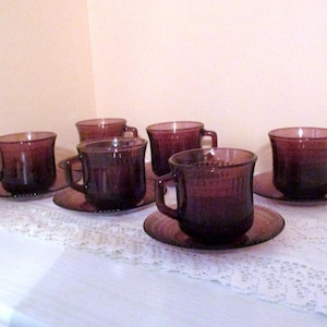 Vintage set of 6 Purple Amethyst Glass Cups and Saucers, Fortecrisa Mexico Glass 8 oz Coffee, Tea Cups, Purple Glass Mugs