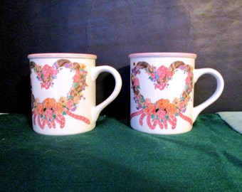 Vintage set of 2 ceramic mugs,1989 Chelsea Wreath Floral Heart, Potpourri Press Coffee Mug,Made in Korea -