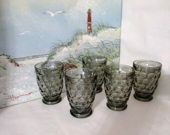 Vintage set of 5 smoke gray glass tumblers,6 oz thumbprint glasses,juice,cocktail glasses 3.75&quot; H