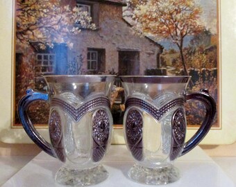 Vintage set of 6 unusual 3 oz shot glasses with handle and silver decor,Made in USA by P.R.C.