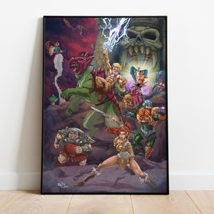 May include: A framed print featuring a colorful illustration of characters from a fantasy cartoon. The artwork depicts a battle scene with various figures, including a muscular hero wielding a sword and a green monster. The background includes a castle.
