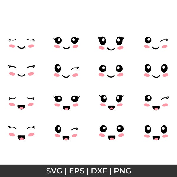 Lindo conjunto de caras de ojos Kawaii, SVG y Png