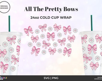 Pretty Bows Cold Cup svg Design, Cute Bows Cold Cup Design, Pink Flowy Bows svg, Cold Cup Design, No Hole, Cricut Cutting File, 24oz Venti