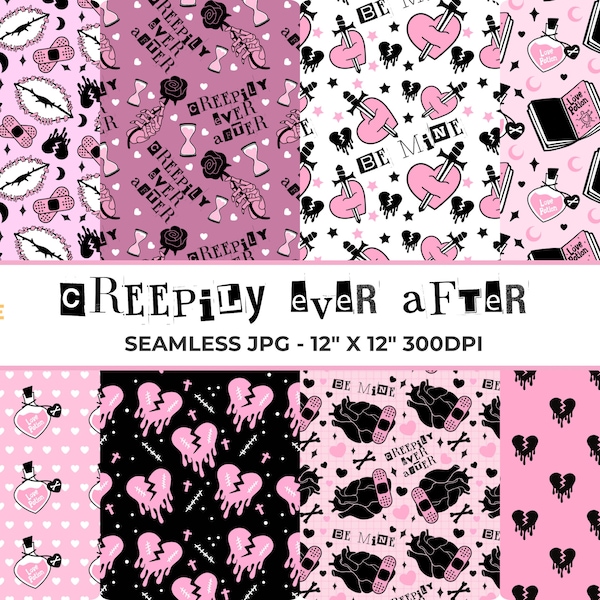 Creepily Every After Digital Paper Seamless Patterns, Spooky Valentine Pattern, Bleeding Heart, Love Potion, Goth Valentine, Scrapbook Paper