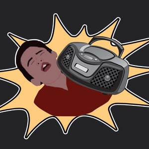 May include: Illustration of a person being hit by a boombox. The person is wearing a red shirt and is set against a yellow burst on a black background. The boombox is gray.