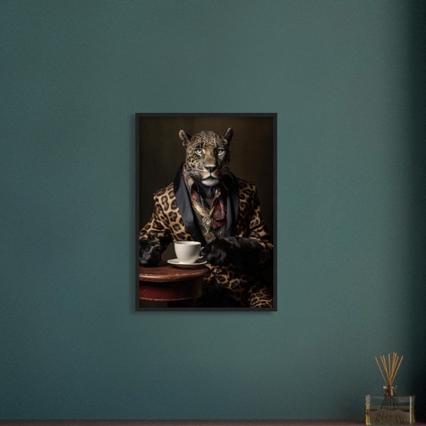 Jaguar mit Kaffee - Premium-Poster aus mattem Papier mit Holzrahmen