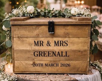 Personalised Rustic Wooden Wedding Card Box with Black Metal Hasp