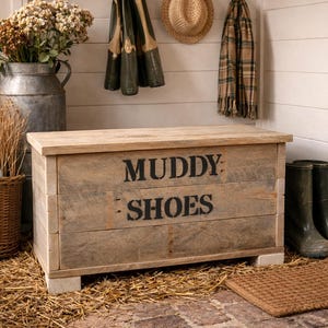 May include: A wooden storage chest with the words "MUDDY SHOES" stenciled on the front. The chest is surrounded by hay and brick flooring. Hanging above are wellington boots, a straw hat, and a plaid scarf.