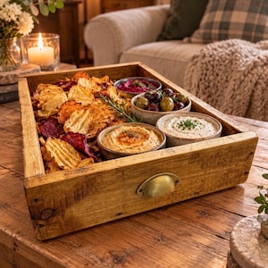 May include: A rectangular wooden serving tray with a brass-toned metal handle, filled with a variety of ridged potato and beetroot crisps, accompanied by four small ceramic bowls containing hummus, creamy dip, olives, and a vibrant pink beetroot spread.