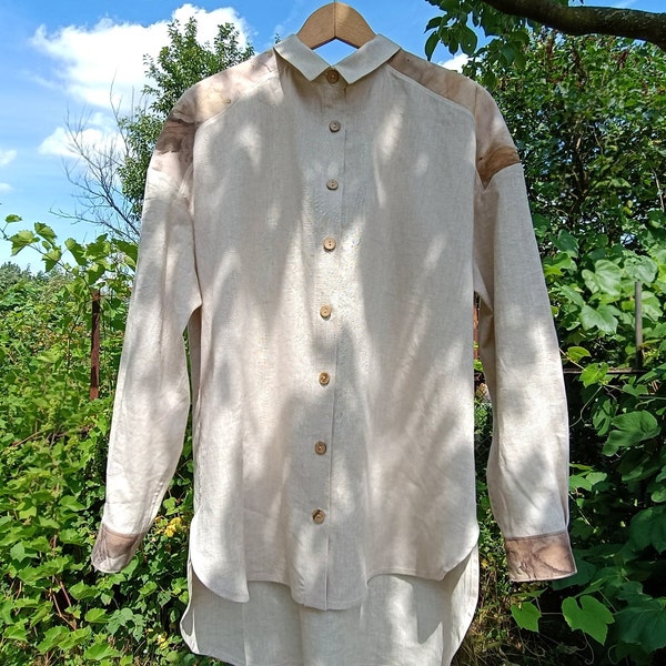 Artistic Apparel women's linen shirt with long sleeves, Blouse with Kent collar and cuffs, Authentic handmade eco-printed leaf art imprint