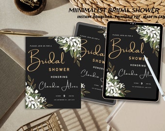 Invitación de despedida de soltera floral negra y dorada / Invitación de despedida de soltera elegante en negro y dorado / Plantilla imprimible en Etsy