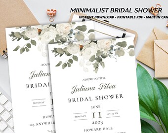 Green and white Bridal Shower Wedding Invitation.pdf editable canva template, Love in Bloom: A Green and White Bridal Shower Celebration