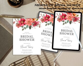Red  floral bridal shower invitation.pdf editable canva template for business use
