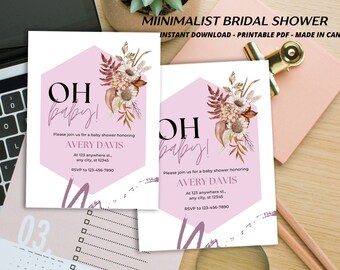 Pinkcolor Boho Aesthetic Baby Shower Invite.pdf | Boho Chic Pink Baby Shower Invitation | Aesthetic and Elegant Invite Template on Etsy