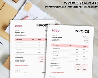 Pink and white Minimalist Business Invoice.pdf editable canva template for business use