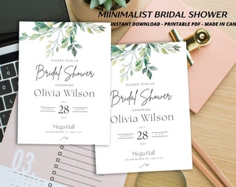 Green and white Bridal Shower Wedding Invitation.pdf editable canva template for business use