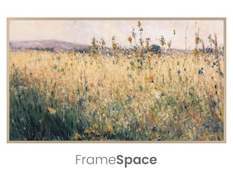 Samsung Frame TV Art 8K | Oat Field Vintage Landscape | Spring Wildflowers | Warm Neutral Earth Tones