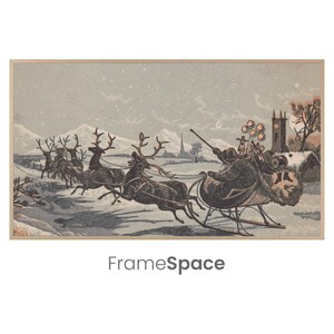 Samsung Frame TV Art 8K | Vintage Weihnachtsmann und Schlitten, gezogen von Rentieren | Neutrale Töne | Urlaubspostkarte, Happy Holidays