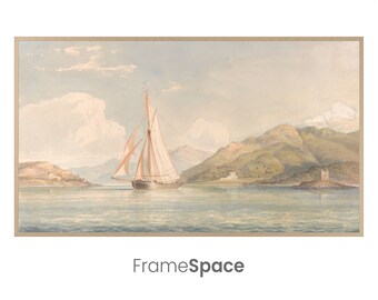 Samsung Frame TV Art 8K | Nautical Sailboat Painting w/ Mountains | Watercolor by John Christian Schetky, 1778–1874