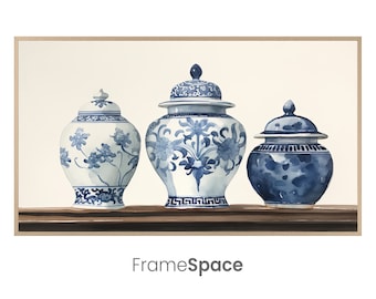 Samsung Frame TV Art | Chinese Ginger Jars, Blue and White | Chinoiserie Watercolor Painting | Digital Download