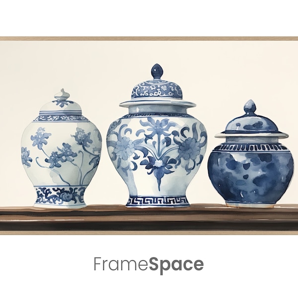 Samsung Frame TV Art | Chinese Ginger Jars, Blue and White | Chinoiserie Watercolor Painting | Digital Download
