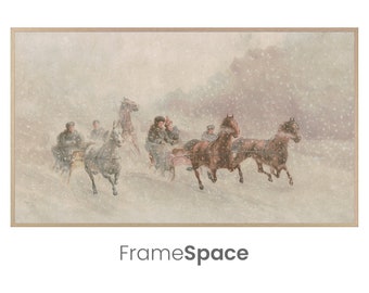 Samsung Frame TV Art 8K | Horses Pulling Sleigh through Snow | Vintage Winter Scene