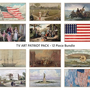 Pode incluir: Um conjunto de 12 impressões de estilo vintage com temas patrióticos, incluindo a bandeira americana, figuras históricas e marcos icônicos. As impressões são organizadas em formato de grade e têm um visual desgastado e antigo. O título "TV Art Patriot Pack - 12 Piece Bundle" é exibido abaixo das imagens.