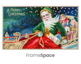Samsung Frame TV Art 8K | Merry Christmas, Vintage Green Santa Card | Holiday Postcard, Happy Holidays