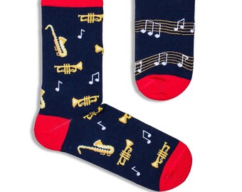 Saxophone Trumpet Music Note Unisex Socks, Funny Socks, Cozy Socks, Crazy Socks, Colorful Socks, Gift Idea, Perfect Gift, Mismatched Socks