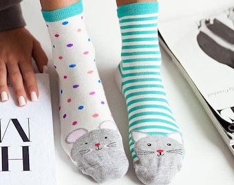 Cat Mouse Women Socks, Funny Socks, Cozy Socks, Crazy Socks, Colorful Socks, Gift Idea, Perfect Gift, Mismatched Socks