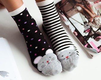 Cat Mouse Women Socks, Funny Socks, Cozy Socks, Crazy Socks, Colorful Socks, Gift Idea, Perfect Gift, Mismatched Socks