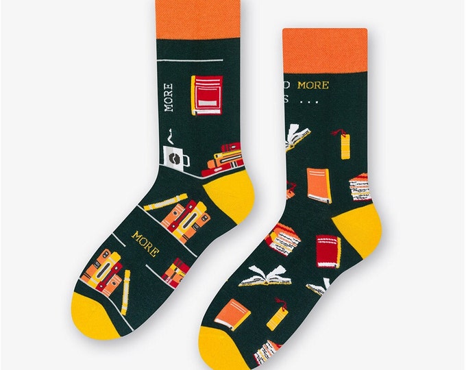 Book Bookstore Books Green Unisex Socks, Funny Socks, Cozy Socks, Crazy Socks, Colorful Socks, Gift Idea, Perfect Gift, Mismatched Socks