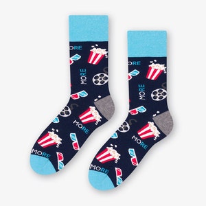 Cinema Movie Theatre Pop Corn Navy Blue Unisex Socks, Funny Socks, Cozy Socks, Colorful Socks, Gift Idea, Perfect Gift, Mismatched Socks